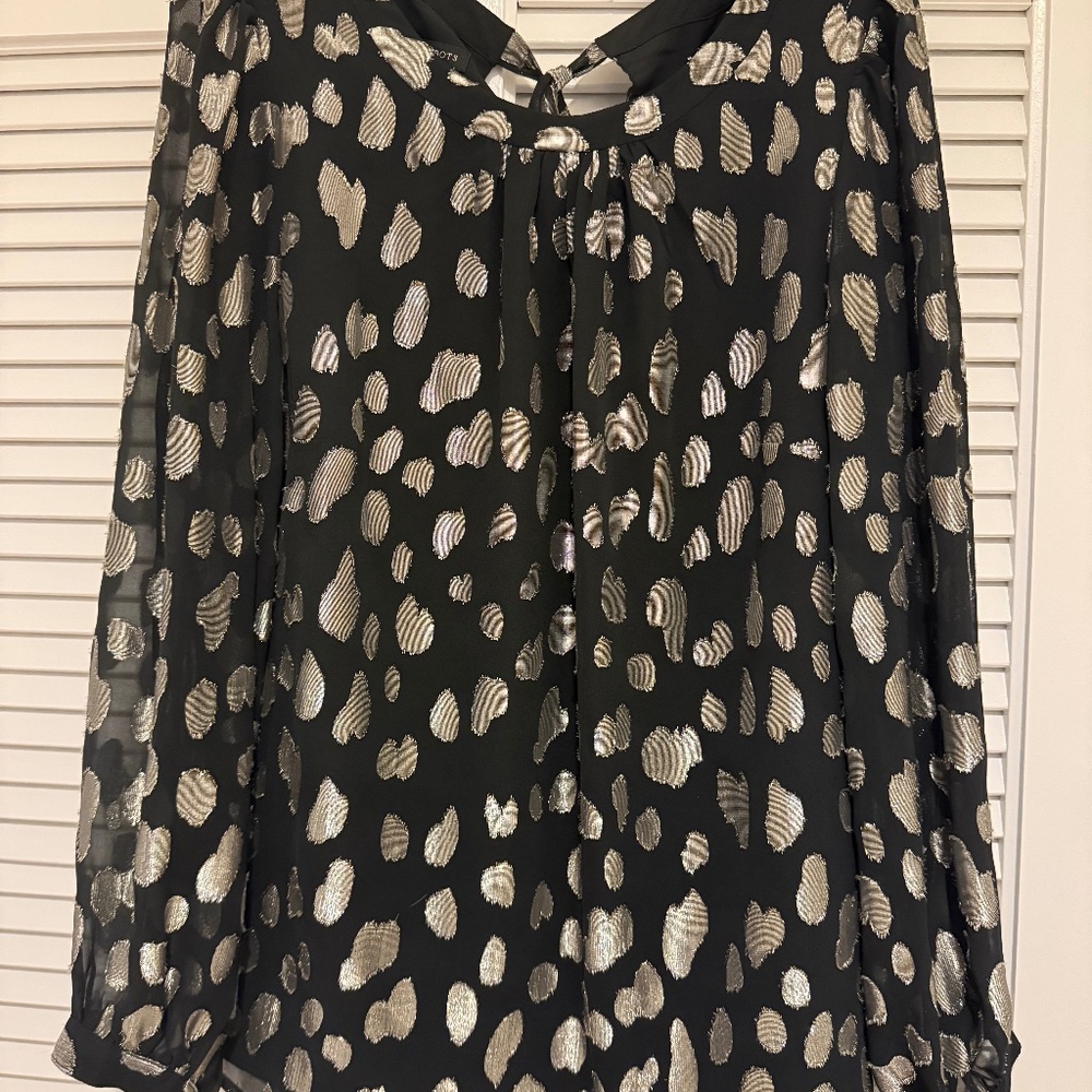 Talbots Tie Back Blouse Leopard Dot L Black Gold